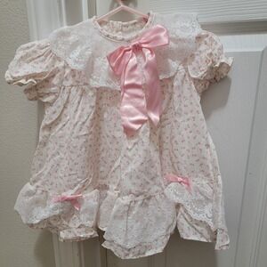 Roanna Vintage Dress Pink Flowers Bow Full White Lace Collar 1980s Baby 18mo